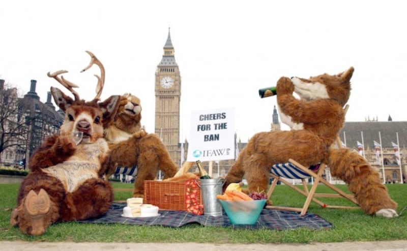 IFAW campaigners Corinne Evans, (r), Helen Nash (left, the stag) and Jenny Hawley (the hare) during a photocall in Parliament Square, to celebrate the Hunting Act.