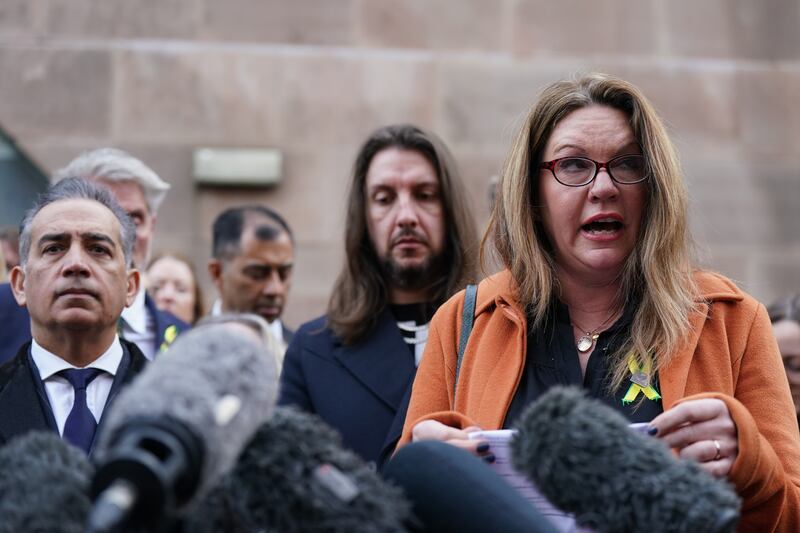 Emma Webber, mother of Barnaby Webber, making a statement alongside relatives of the victims, outside Nottingham Crown Court