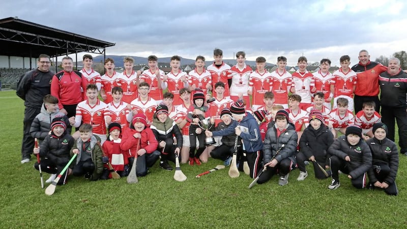 Loughgiel celebrate after beating Carrickmore during the Ulster Minor Hurling Tournament Final played at Ballinascreen on Saturday 7th January 2023. Picture Margaret McLaughlin. 