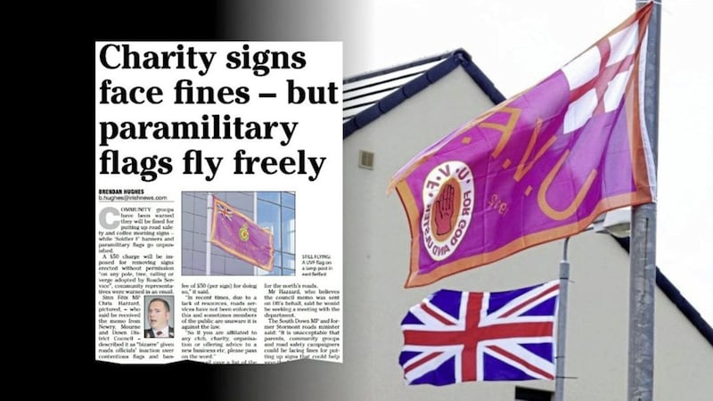 Flags on lampposts, and inset, how The Irish News reported on the warning of community groups facing fines 