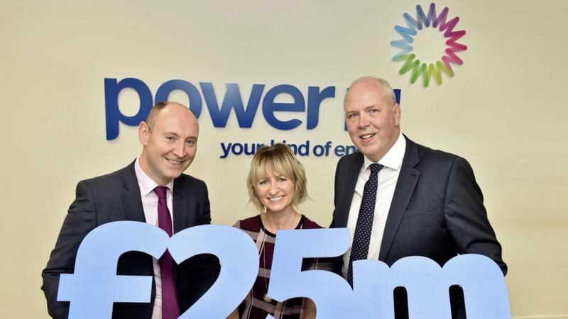 Power NI&rsquo;s Ryan McCay, Kieragh Nelson and managing Director Stephen McCully celebrate the announcement of its &pound;25million investment at its Antrim facilities 