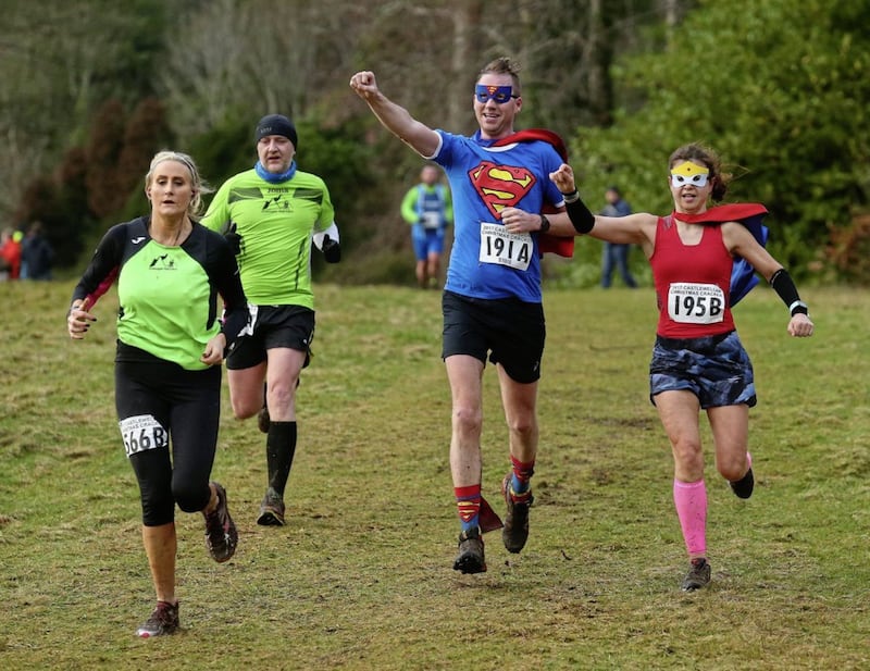 Super heroes at the annual Christmas Cracker Pairs race in Castlewellan organised by the Newcastle Athletics Club. Picture by Mal McCann