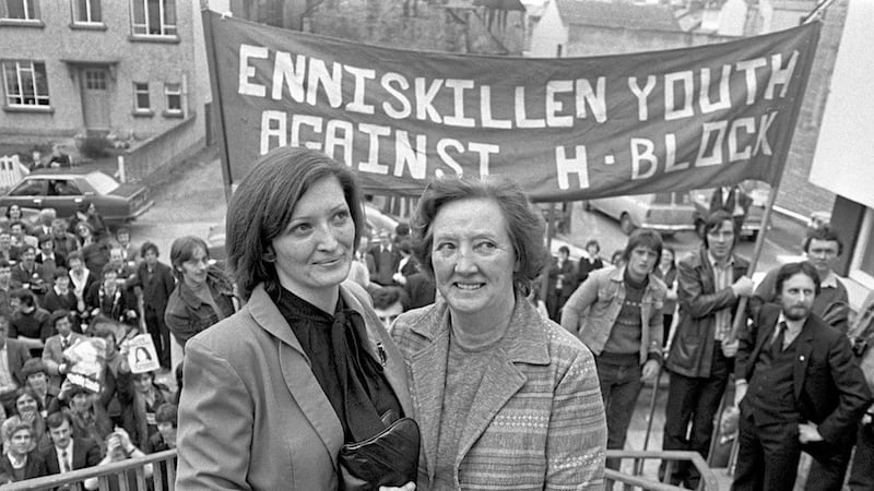 Rosaleen Sands with her daughter Marcella in Enniskillen in 1981, after it had been announced that Bobby Sands had been elected MP for Fermanagh and South Tyrone 
