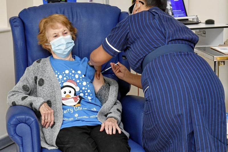 Enniskillen pensioner, Margaret Keenan (90) receiving the Pfizer/BioNtech covid-19 vaccine at University Hospital, Coventry, in December 2020. Picture by Jacob King/PA Wire