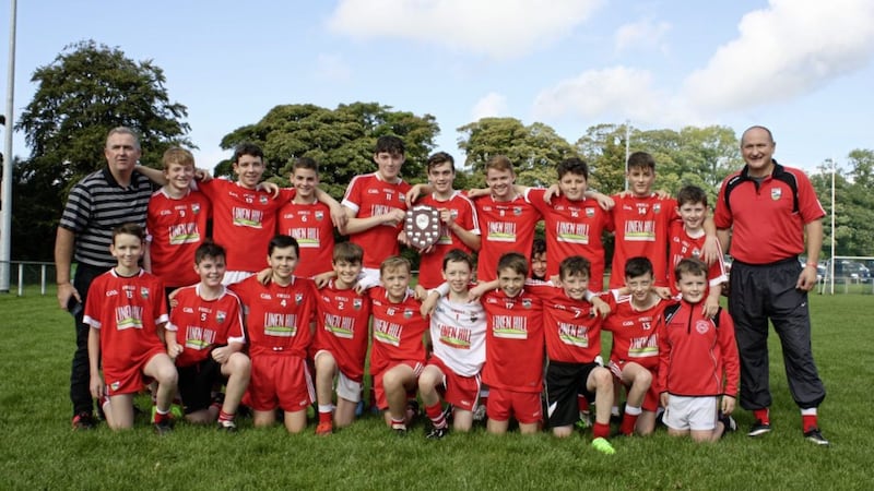 St Patrick&#39;s (Ballyvarley HC &amp; Ballela GAC) celebrating their Under 14 Down Hurling Shield win over O&#39;Rahilly&#39;s (Liatroim &amp; Castlewellan). St Patrick&#39;s emerged victorious, 7-6 to 4-9, after a thrilling hurling final at Warrenpoint GAC at the weekend 