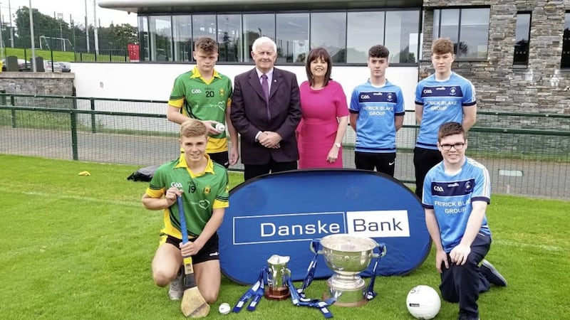Pupils from St Mary&#39;s CBGS, Belfast and St Michael&#39;s, Enniskillen with Ulster Schools&rsquo; GAA Chairman Jimmy Smyth and Oonagh Murtagh of sponsors Danske Bank at the launch of the 2019/20 Danske Bank Ulster Schools GAA competitions. 