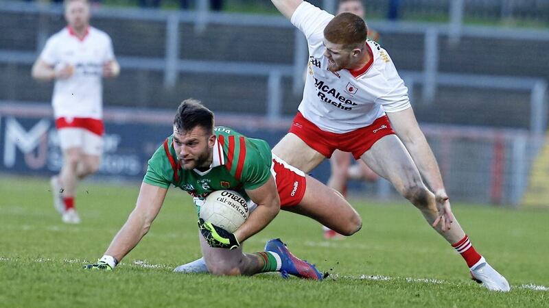Tyrone&#39;s Cathal McShane and Mayo&#39;s Aidan O&#39;Shea in action during last year&#39;s Division One clash at Healy Park. Pic Philip Walsh. 