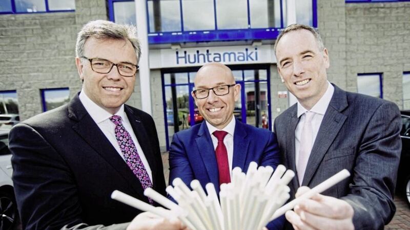 Pictured at the new Huhtamaki factory in Antrim, the first in Ireland to produce high quality sustainable paper straws, are Invest NI&#39;s Alastair Hamilton, John Park of McDonald&#39;s, which is rolling out the straws to more than 1,300 UK and Irish restaurants, and Ciaran Doherty from Huhtamaki Belfast 