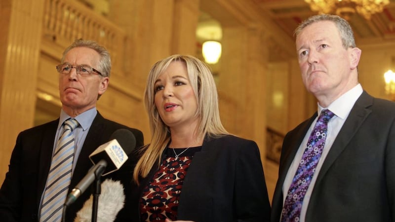 Sinn F&eacute;in&#39;s Michelle O&#39;Neill, Gerry Kelly and Conor Murphy speak to the media in the Great Hall at Stormont. Picture by Mal McCann 