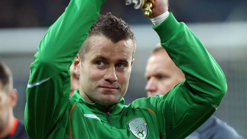 &nbsp;Shay Given celebrates winning his 100th cap for the Republic of Ireland in 2009