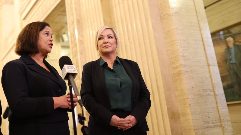 Sinn Fein's Conor Murphy MLA, president Mary Lou McDonald and vice-president Michelle O'Neill in the Great Hall at Stormont, Belfast after the DUP party executive backed a Government deal aimed at addressing its concerns over post-Brexit trade barriers. PICTURE: COLM LENAGHAN