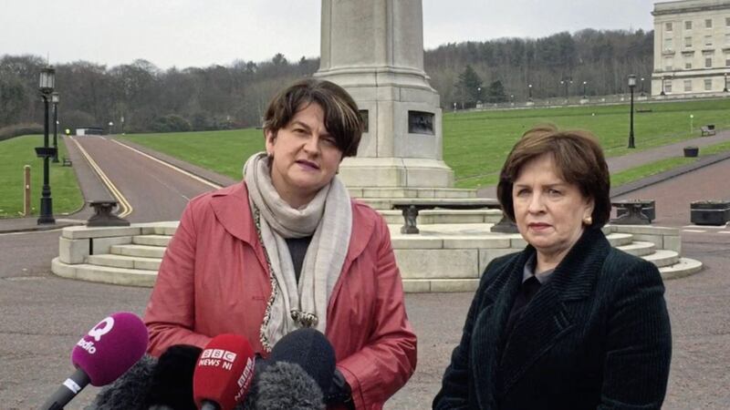 DUP leader Arlene Foster and party MEP Diane Dodds at Stormont in Belfast ahead of power-sharing talks in February. Picture by David Young/PA Wire 