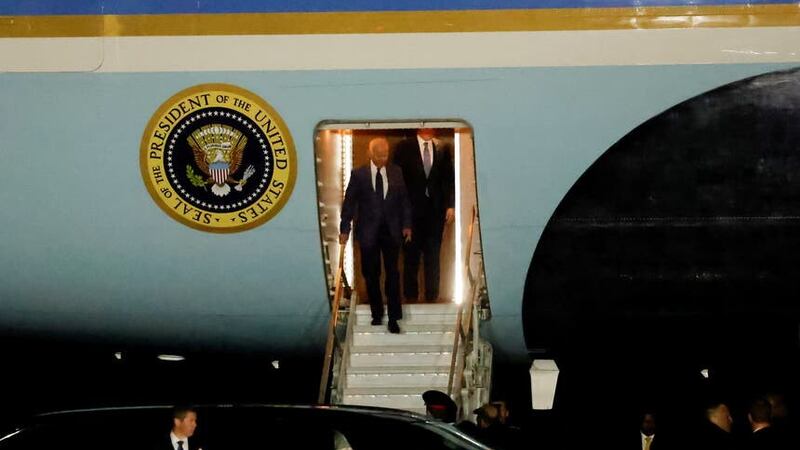 US President Joe Biden arrives in Northern Ireland on Air Force One. Picture by Clodagh Kilcoyne/PA