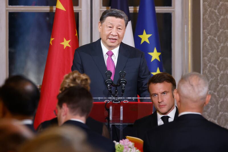 Xi Jinping speaks during a toast at a state dinner at the Elysee Palace in Paris (Ludovic Marin/AP)