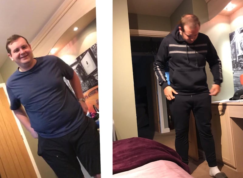 Two photos showing Kieran Amos before and after he lost seven stone during lockdown