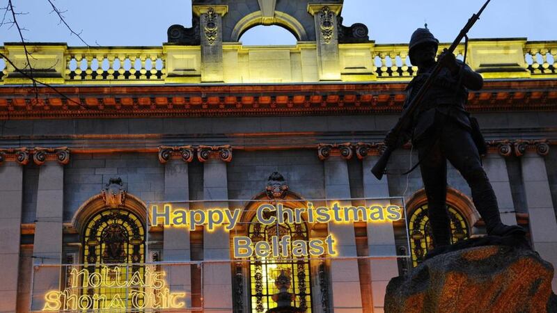 Christmas signs in English and Irish at Belfast city hall 