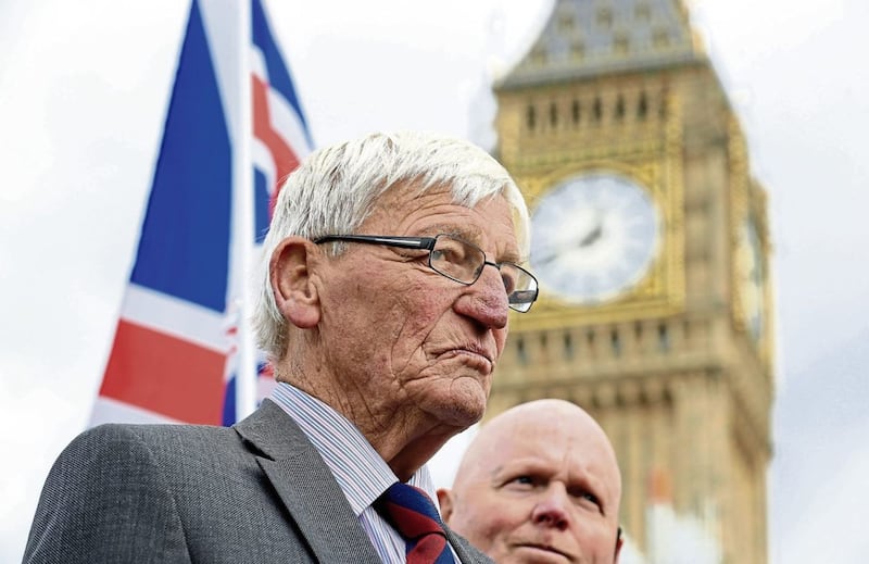 Former British soldier Dennis Hutchings (left), who has been charged over the fatal 1974 shooting of a man in Northern Ireland, takes part in a protest to call for an end to prosecutions of veterans who served during the Troubles, on Horse Guards Parade, London. PRESS ASSOCIATION Photo. Picture date: Saturday September 16, 2017. See PA story PROTEST Soldier. Photo credit should read: Gareth Fuller/PA Wire. 