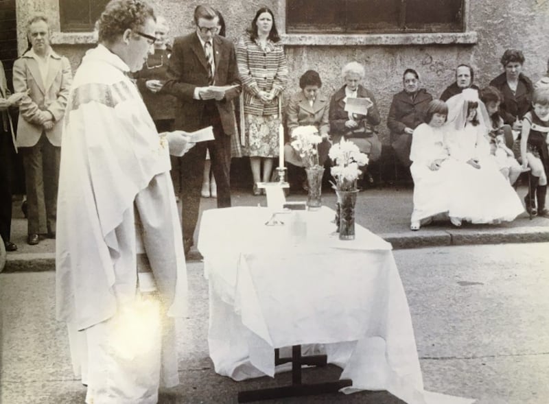 Passionist Fr Ailbe leads open air Corpus Christi celebrations in Butler Street in 1968. Picture from Holy Cross Ardoyne, 1869-2019 