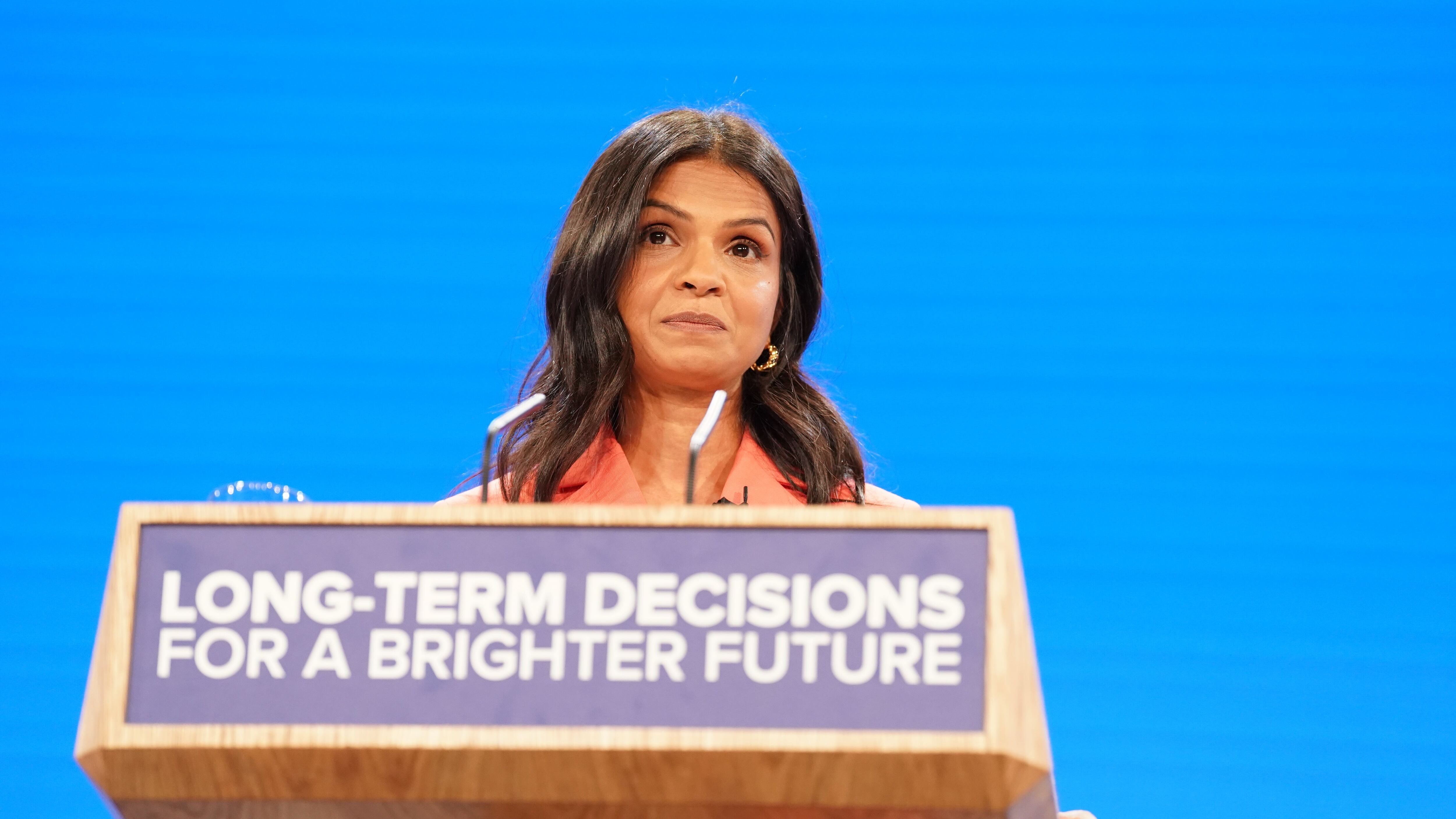 Akshata Murty, the wife of Prime Minister Rishi Sunak, speaks on stage during the Conservative Party annual conference in Manchester (Stefan Rousseau/PA)