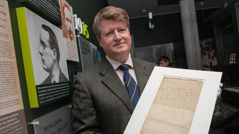 Stuart Cole, from Adams Fine Art Auctioneers and Valuers, with Pearse&#39;s letter. Picture by Peter Houlihan, Paul Sherwood Photography 