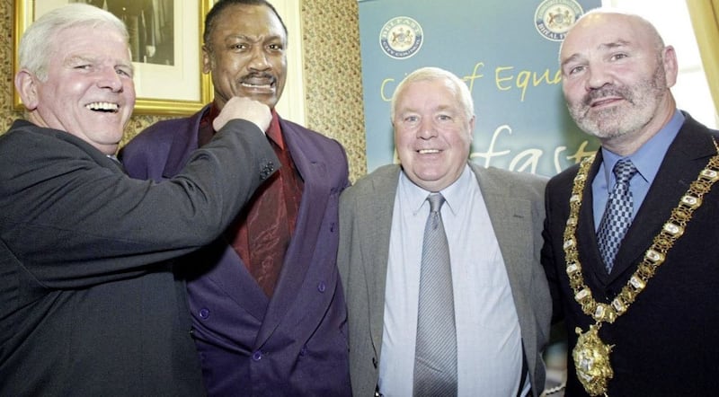 Former heavyweight world champion Joe Frazier with fellow Tokyo &#39;64 Olympians Jim McCourt and Paddy Fitzsimons at a City Hall reception hosted by former Belfast Lord Mayor, Alex Maskey. Picture by PA 