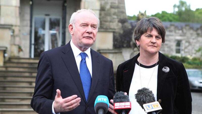 Deputy First Minister Martin McGuinness and First Minister Arlene Foster outside Stormont Castle. Picture by Matt Bohill 