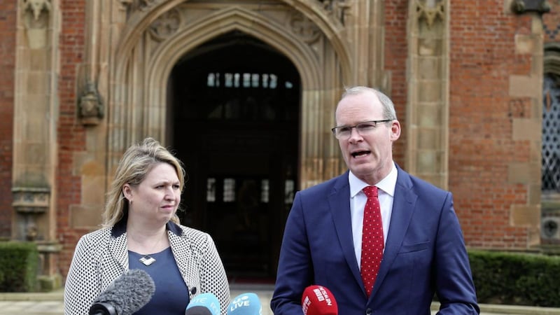 Secretary if State Karen Bradley and T&aacute;naiste Simon Coveney at Queen&#39;s University. Picture by Mal McCann 