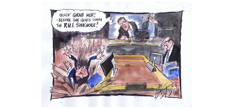Ian Knox's cartoon from September 26 2018 - As mysterious sinkholes appear in Co Monaghan, Arlene Foster tells the RHI inquiry she is accountable but not responsible for the actions of her former Spad&nbsp;