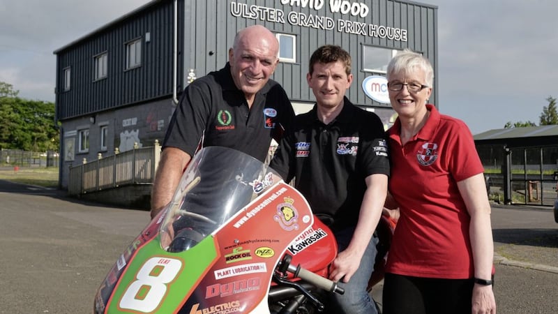 Christian Elkin, a regular podium finisher at the MCE Insurance Ulster Grand Prix, joins Clerk of the Course Noel Johnston and Jan Simm from the Injured Riders Welfare Fund, to announce the charity partnership for 2018 