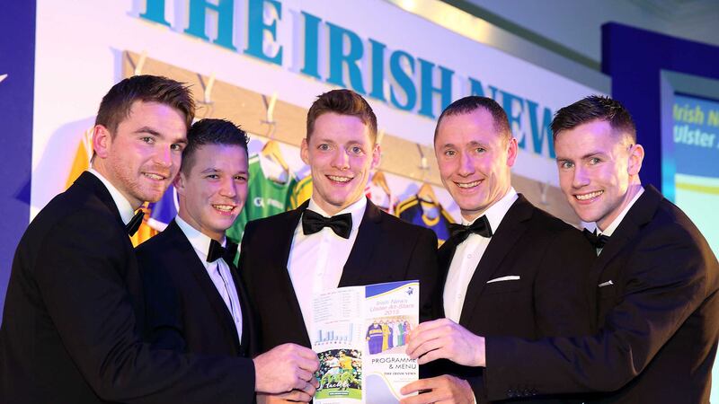 Monaghan players Dessie Mone, Ryan Wylie, Player of the Year Conor McManus, Vincent Corey and Karl O'Connell at Thursday night's Irish News Ulster Allstar awards at the City Hotel, Armagh <br />Picture: Cliff Donaldson&nbsp;