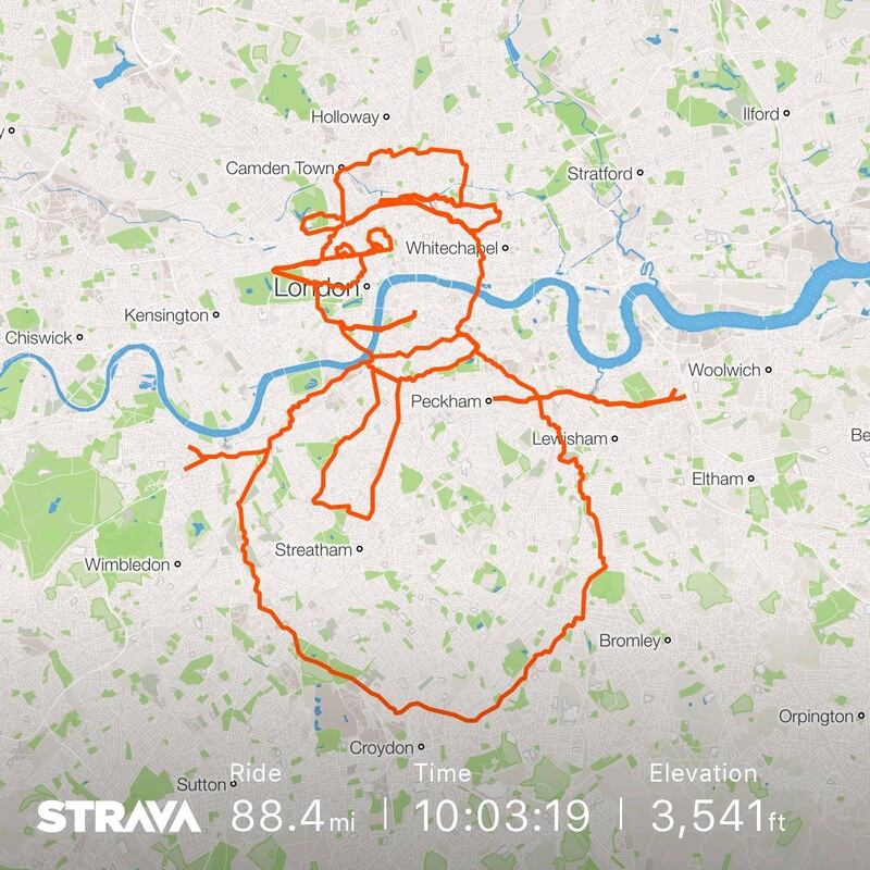 A snowman route cycled by Anthony Hoyte