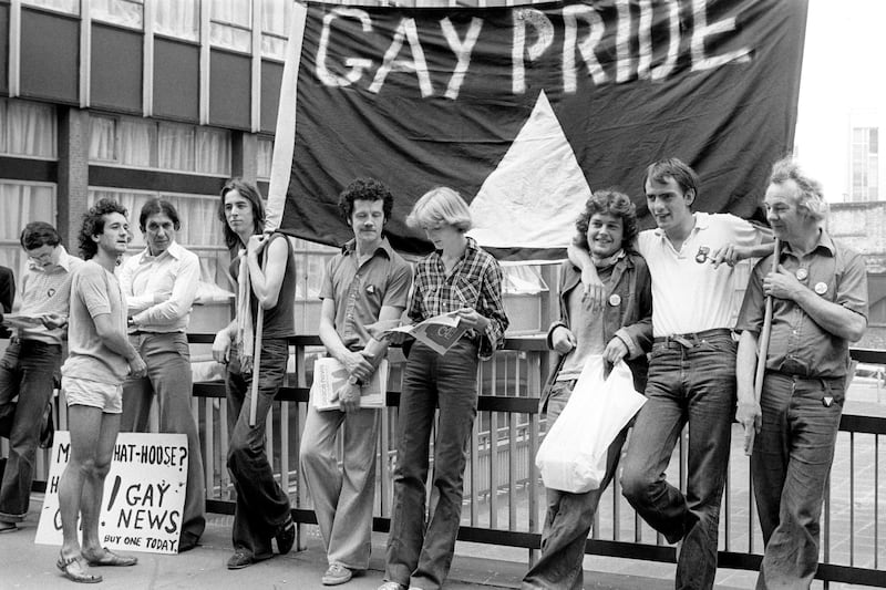  A gay demonstration near the Old Bailey to mark the start of the prosecution alleging blasphemous libel brought by anti-porn campaigner Mary Whitehouse against the homosexual newspaper Gay News and its editor Denis Lemon.