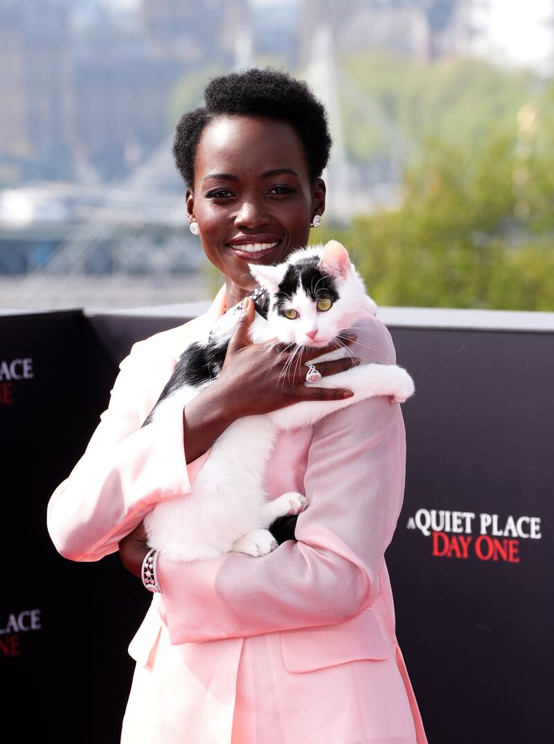 Lupita Nyong’o and cat Schnitzel during a photocall for A Quiet Place: Day One