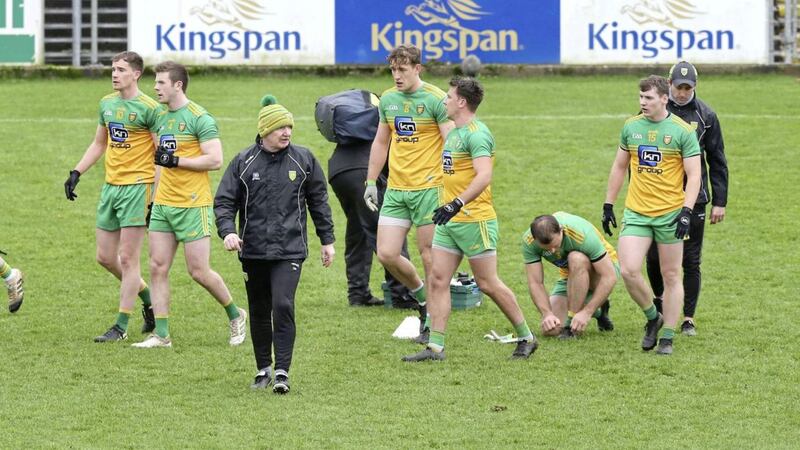 Donegal manager Declan Bonner and players before taking on Armagh during the Ulster Senior Football Championship semi-final match at Kingspan Breffni Park, Cavan on Saturday November 14 2020. Picture by Margaret McLaughlin. 