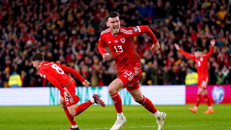 Wales’ Kieffer Moore celebrates scoring in a Uefa Euro 2024 qualifying group D match at the Cardiff City Stadium (PA)