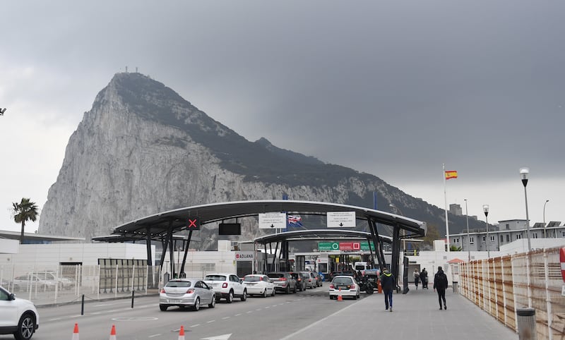 Cars queue at the border crossing in Gibraltar