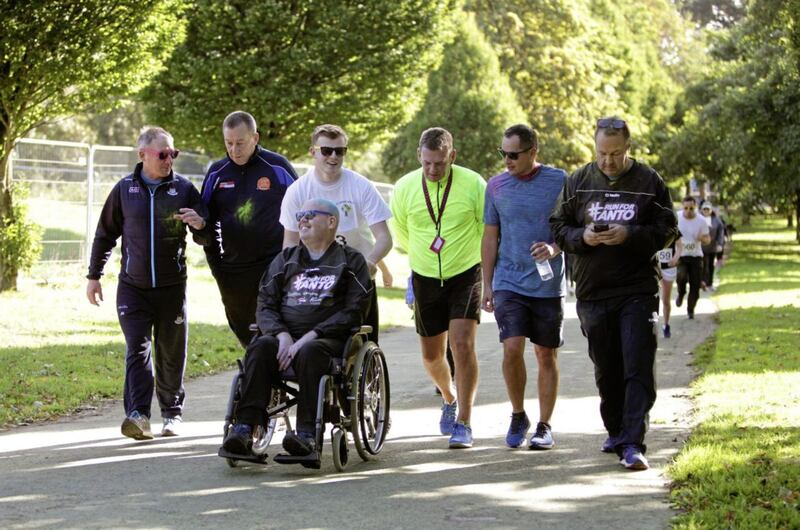 Anto Finnegan with Dublin manager Jim Gavin and former player Jason Sherlock during the Run For Anto event in Belfast's Falls Park. Picture by Ann McManus