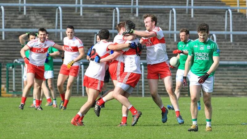 So near: Derry players celebrate after their Allianz Football League win over Fermanagh at Brewster Park. Picture by Margaret McLaughlin