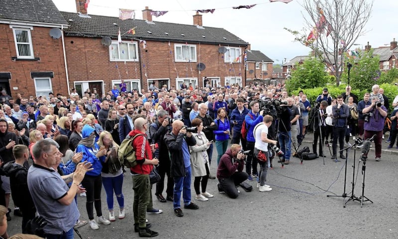 A section of the crowd protesting at the site of the Avoniel Bonfire last night. Pic Philip Walsh. 