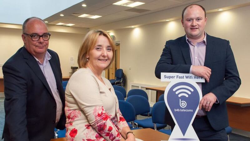 From left, Colin Hanna, Newry &amp; Mourne Enterprise Agency, Cllr Roisin Mulgrew and Thomas O&#39;Hagan from B4B Telecoms 