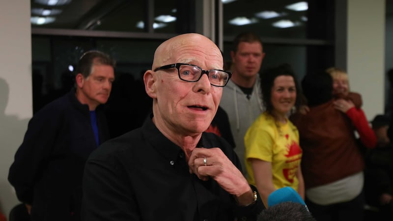 Eamonn McCann celebrates his election at Foyle Arena in Derry as counting of votes continues in the the Foyle and East Derry constituencies in the Northern Ireland Assembly Elections. Picture by Niall Carson, Press Association&nbsp;