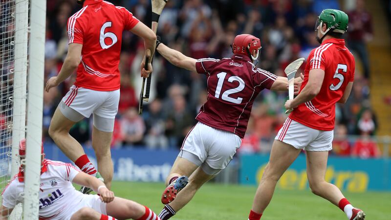 Galway's Jonathan Glynn celebrates his first minute goal at Semple Stadium on Sunday as the Tribe defeated Cork to reach an All-Ireland Hurling semi-final&nbsp;<br />Picture: John McIlwaine
