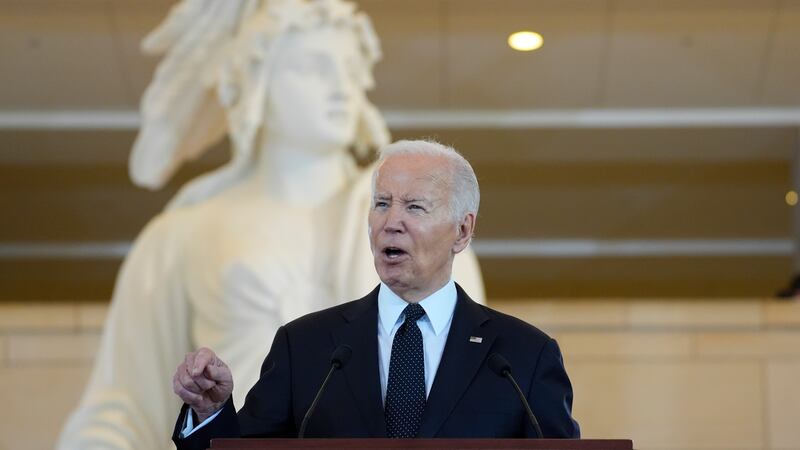 President Joe Biden speaks at the US Holocaust Memorial Museum’s Annual Days of Remembrance ceremony (AP Photo/Evan Vucci)