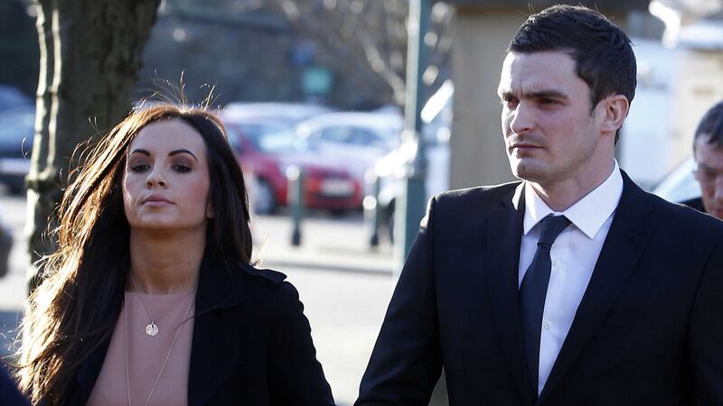 &nbsp;England and Sunderland footballer Adam Johnson, 28, and partner Stacey Flounders arrive at Bradford Crown Court, where he is due to go on trial accused of child sex charges