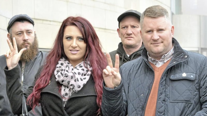 Jayda Fransen with Britain First leader Paul Golding (right) at an earlier hearing at Belfast Magistrates&#39; Court. Picture by Alan Lewis, Photopress 