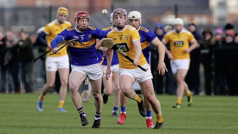 8/2/2020  Antrims    Eoghan  Campbell     in action with  Tipperarys   Jerome  Cahill     in Saturdays game at Davitts New Gaa Complex in Beechmount     Picture   Seamus Loughran. 