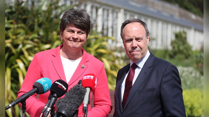 DUP leader Arlene Foster and Nigel Dodds at Stormont Castle in Belfast earlier this month. Picture by&nbsp;Niall Carson/PA Wire