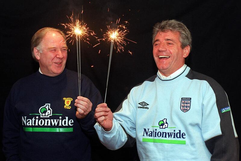 Craig Brown, left, and England manager Kevin Keegan pose with sparklers on Bonfire Night ahead of their Euro 2000 play-off in November 2000