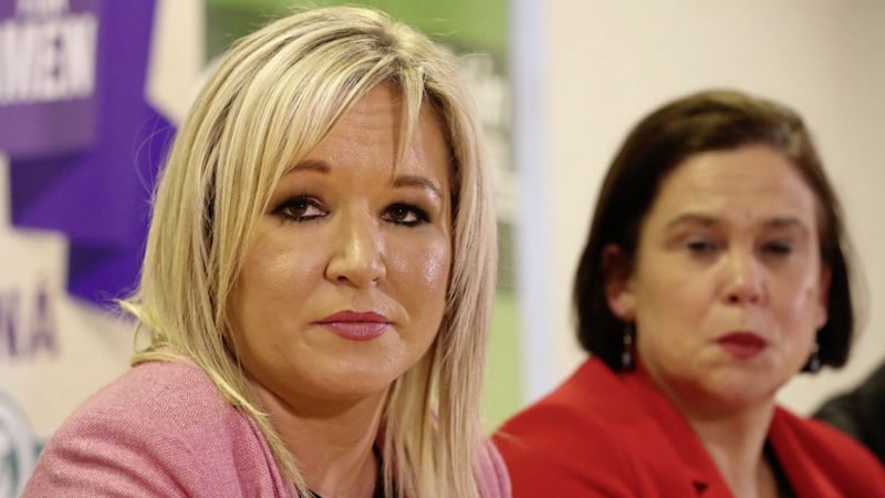 Sinn Fein vice president Michelle O&#39;Neill (left) and party president Mary Lou McDonald at a press conference at Stormont in February 