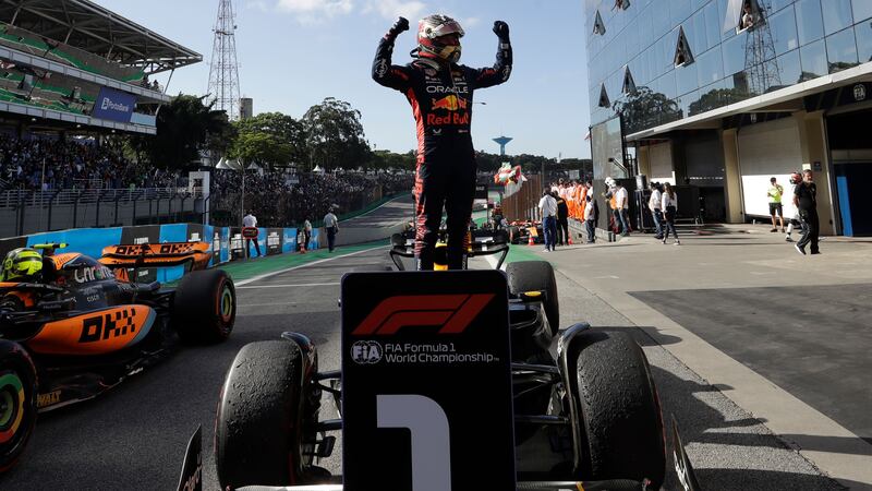 Red Bull driver Max Verstappen celebrates his victory at Interlagos (Marcelo Chello/AP)